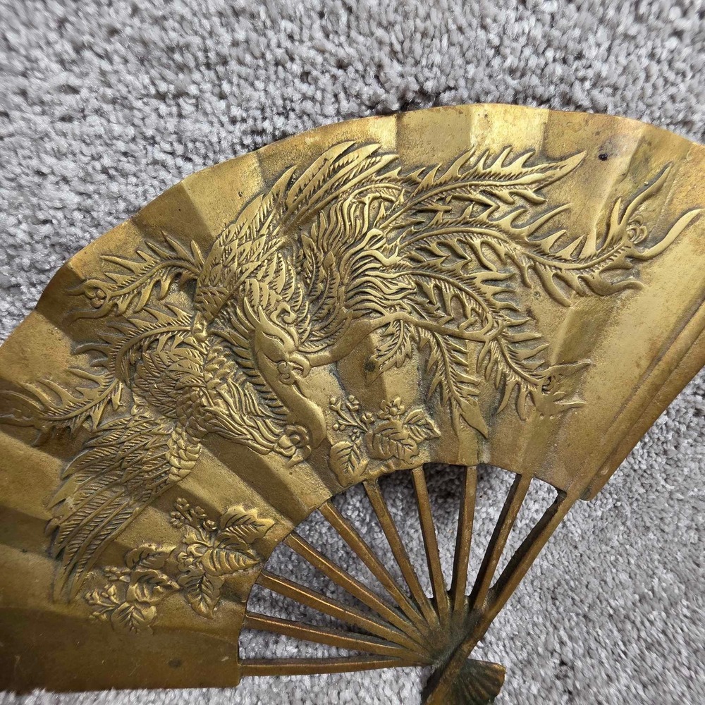 Brass Wall Fan Gold Phoenix Floral Vintage Chinoiserie Decor - Picture 3 of 5